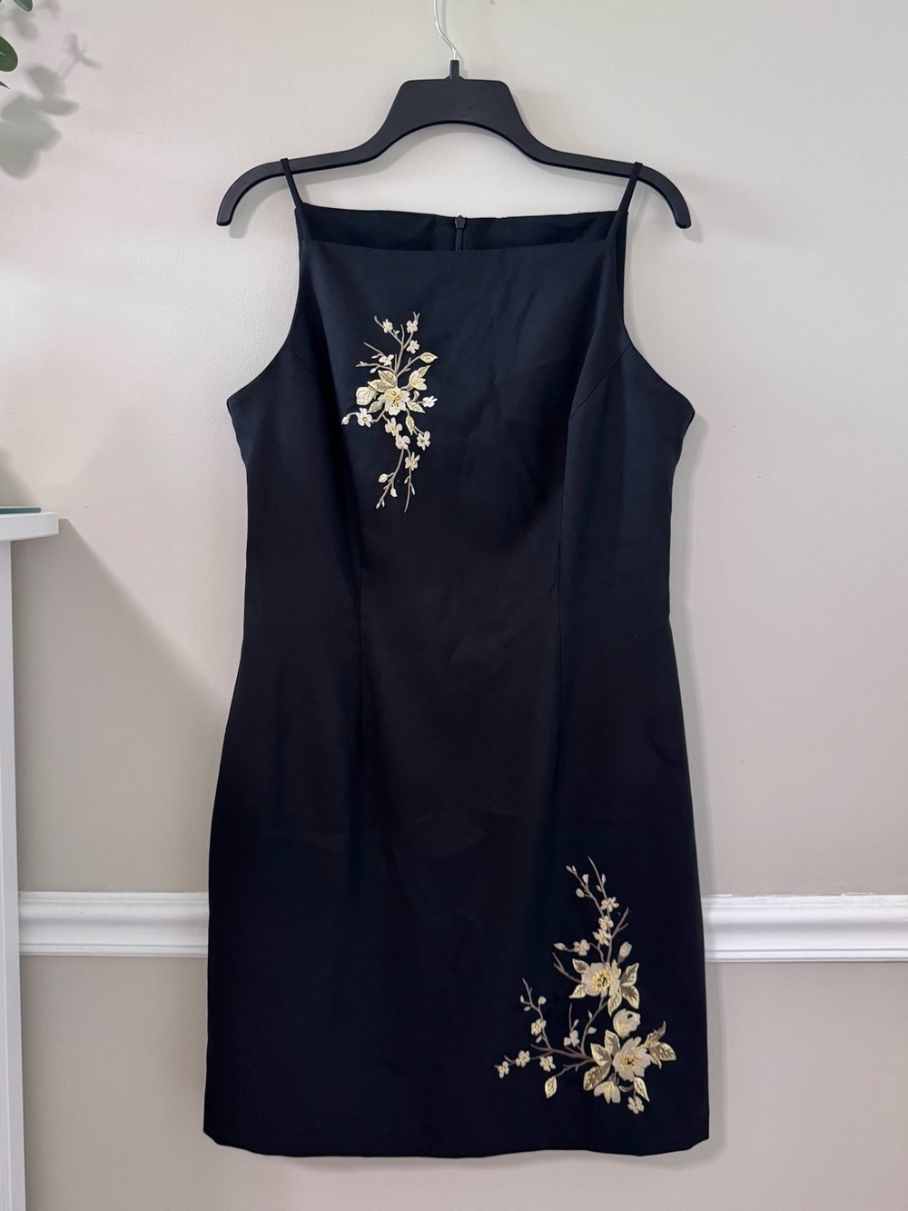 Black Spaghetti Strap Dress with Gold Floral Embroidery